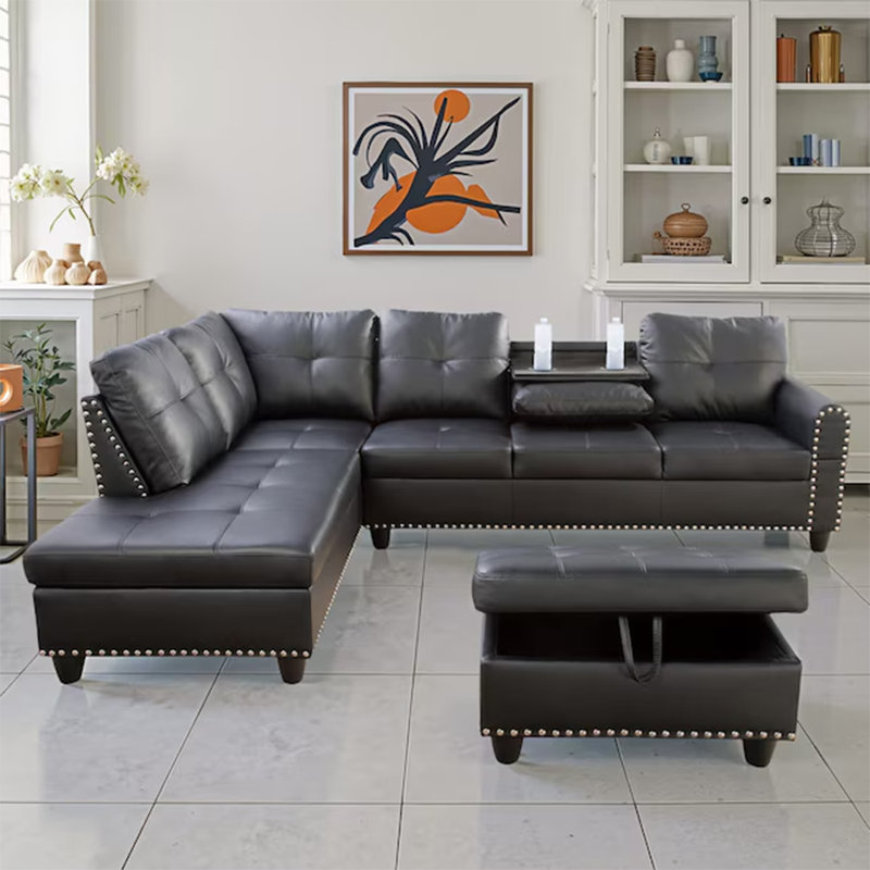 Canapé modulaire en L 3 pièces en similicuir 3 pièces, Similicuir noir et blanc, Orienté à gauche (vu de face)