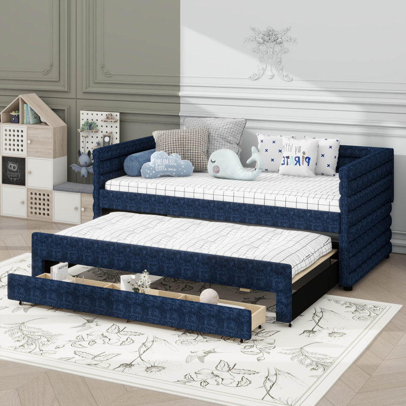 Twin-Sized Upholstered Daybed Including Trundle Bed And 3 In-Built Storage Drawers, Dark Blue