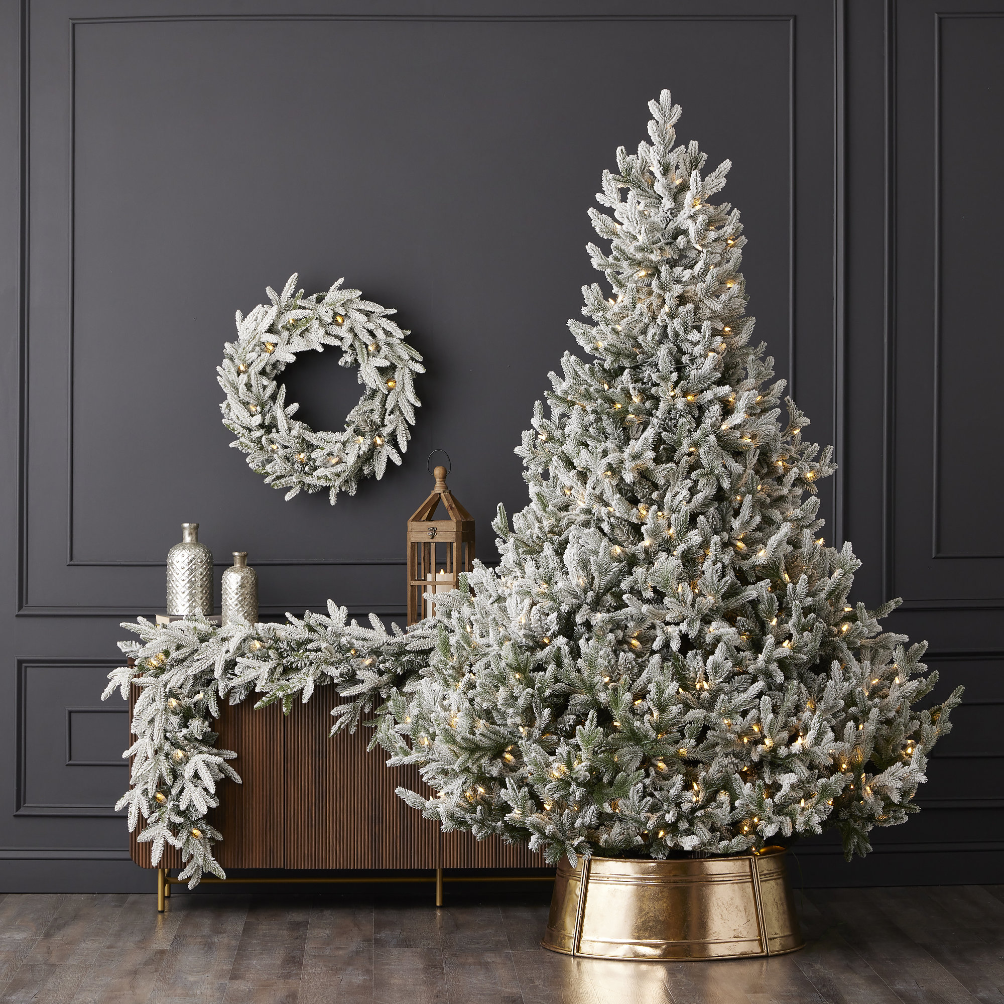 Royal Oaks Flocked Fir Artificial Tree, Pre-Lit with Warm White LED Lights, 7.5' 