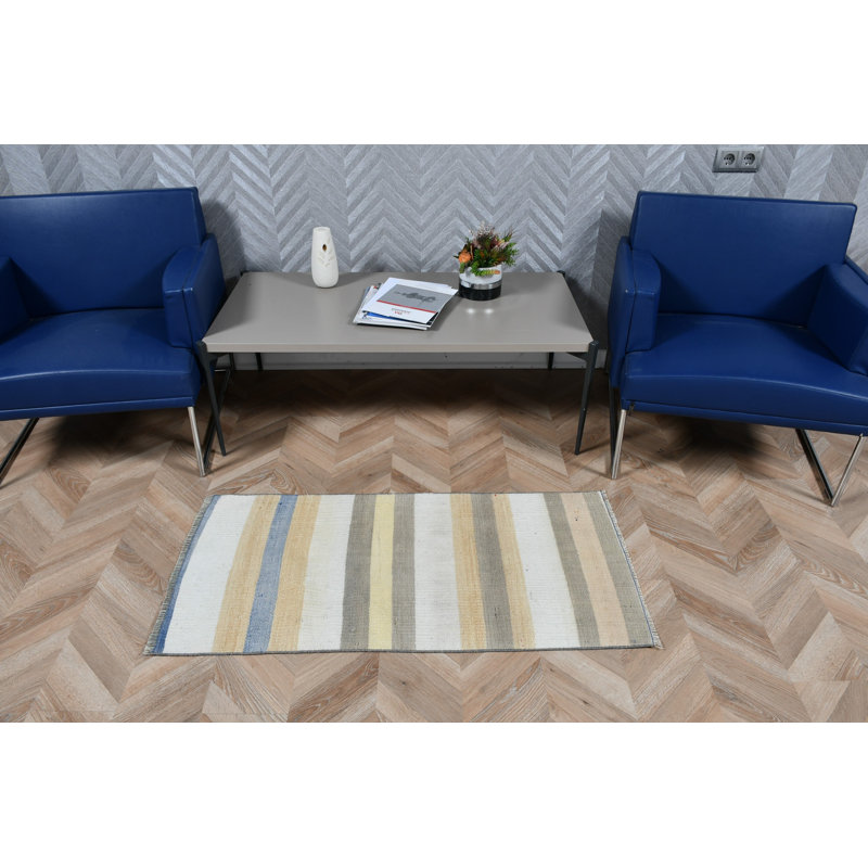 Vintage Small Turkish Kilim With Striped Oushak Pattern In Beige With Colorful Accents Ideal For Bathrooms