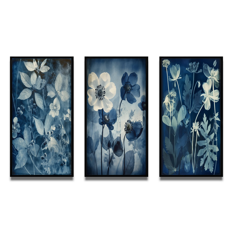 «Fleurs botaniques rétro en bleu délavé II», 3 pièces, Cadre flottant noir, H 32 po x l 48 po