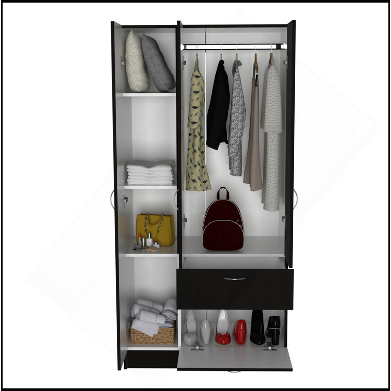 Armoire, un tiroir, tringle en métal, cinq tablettes, armoire à deux portes, noir / blanc