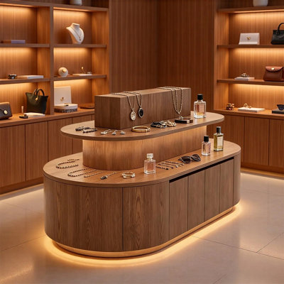 Brown Wood Grain Curved Retail Display Counter with Storage Cabinet, Commercial Store Display Fixture for Boutique, Jewelry, Cosmetic and Beauty Shops
