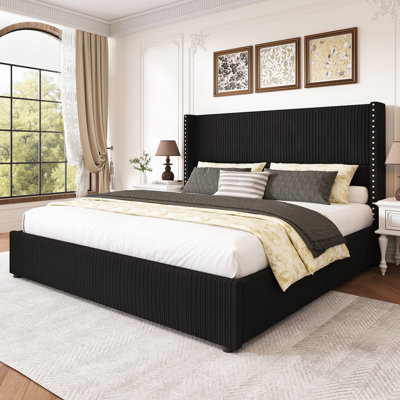 Upholstered Corduroy Bed with 4 Storage Drawers, Queen Size Platform Bed with Wingback Headboard, Black