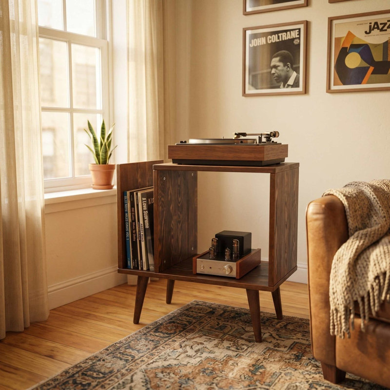  | Support pour tourne-disque avec rangement en vinyle, support pour tourne-disque Mid-Century moderne, noyer