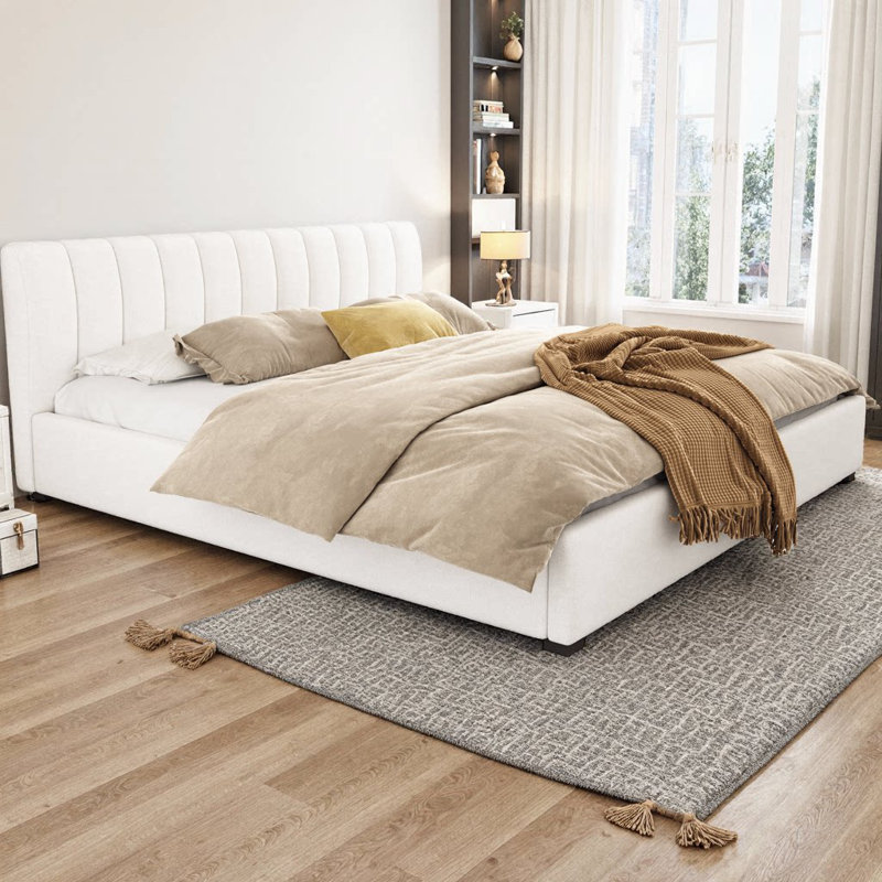 Structure de lit tapissier très grand Cocoon avec tissu en lin, tête de lit courbée épaisse et pieds en bois massif, cadre de lit plateforme beige, aucun sommier requis, assemblage facile, supporte 600 lb