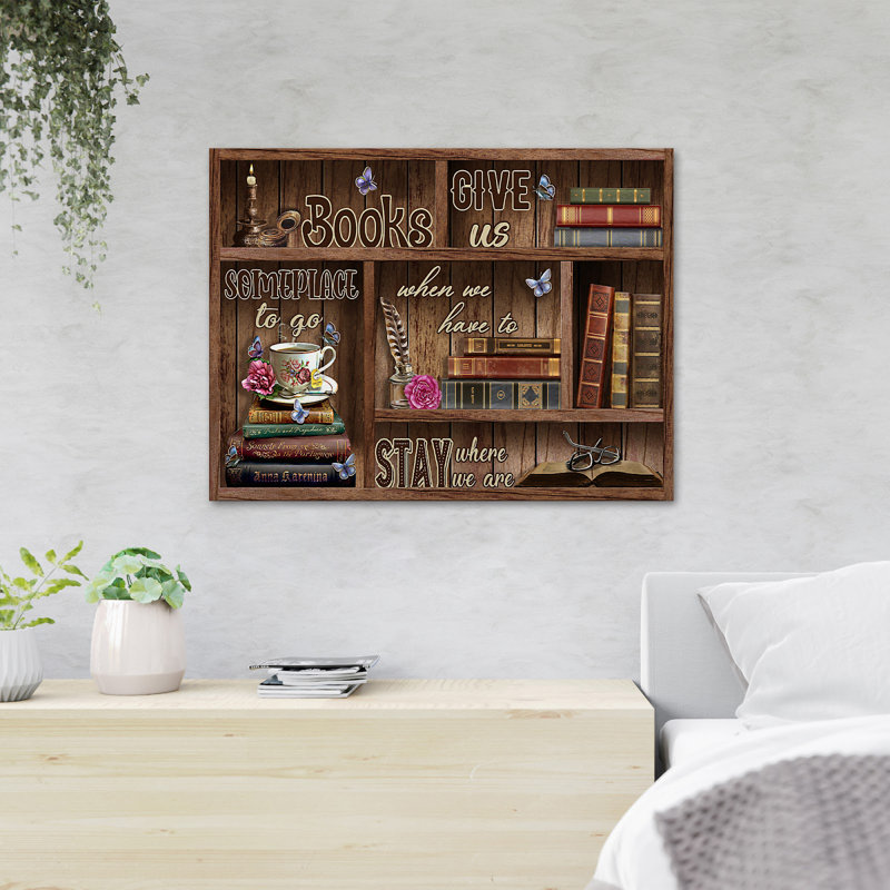 Bibliothèque avec café et papillons - Livres nous donnent un endroit où aller - 1 pièce, impression d'art graphique rectangulaire sur toile tendue