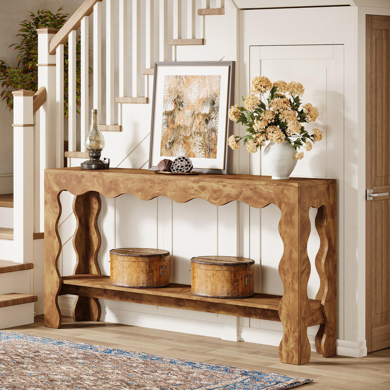 63" Console Table with Curved Legs, 2-Tier, Brown