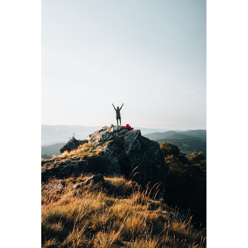 Backpacker Celebrates on Mountain 1 Piece Wrapped Canvas Wall Art, 76cm H x 51cm W x 3.8cm D