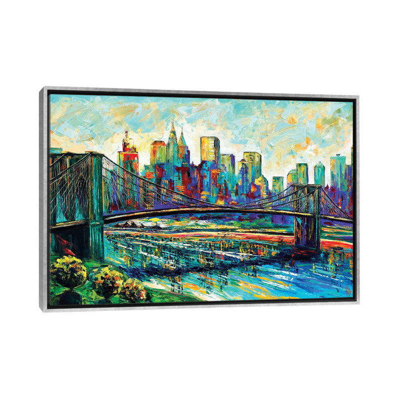 «NYC Skyline» par Natasha Mylius - reproduction d'art, Toile avec cadre argenté, H 26 po x l 40 po x 1,5 po, Pas de tapis