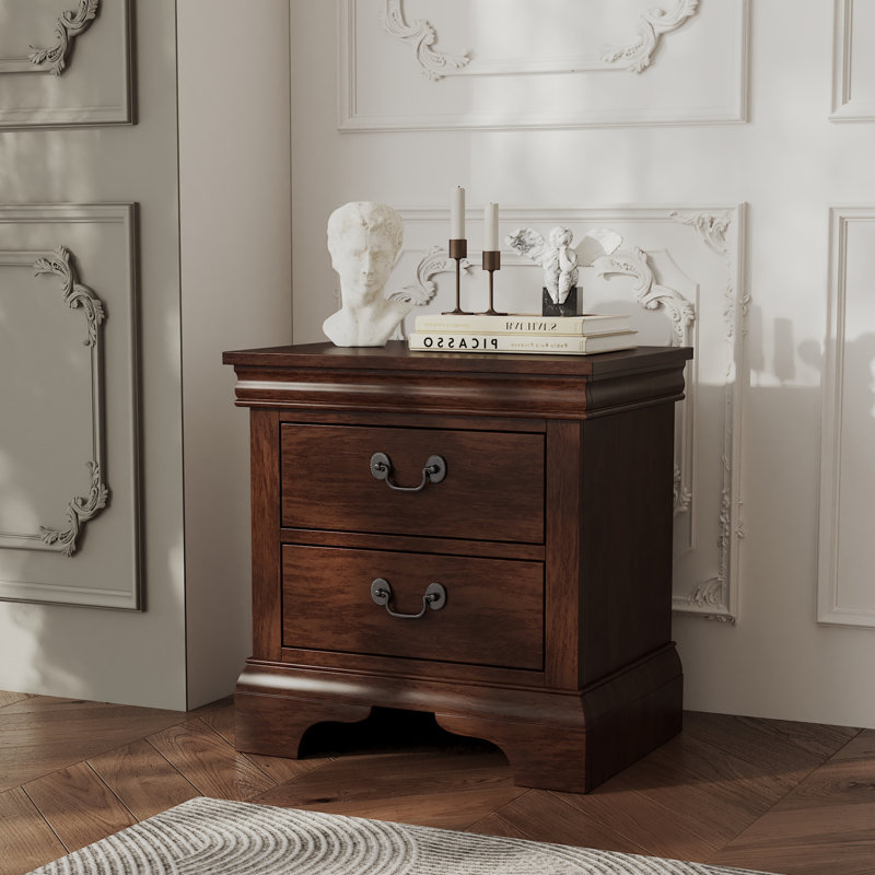 22"L Classic Wooden Nightstand, 2 Storage Drawers, Solid Wood, Brown