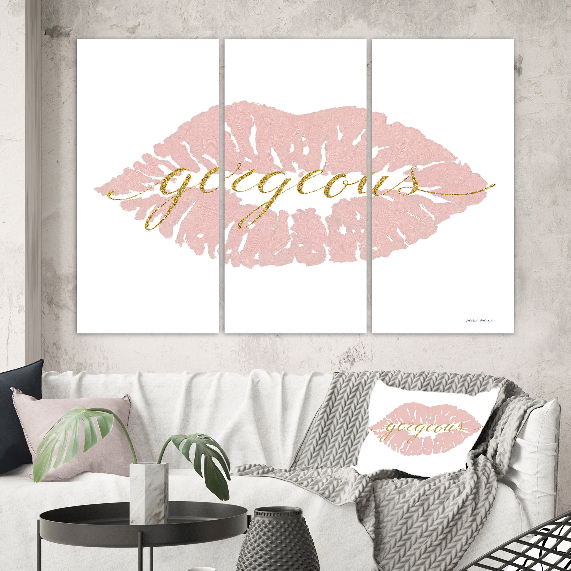 Posh & Luxe 'Fashion Glam Lips on Gold II' Graphic Art Multi-Piece Image on Canvas East Urban Home Size: 28 H x 36 W x 1 D
