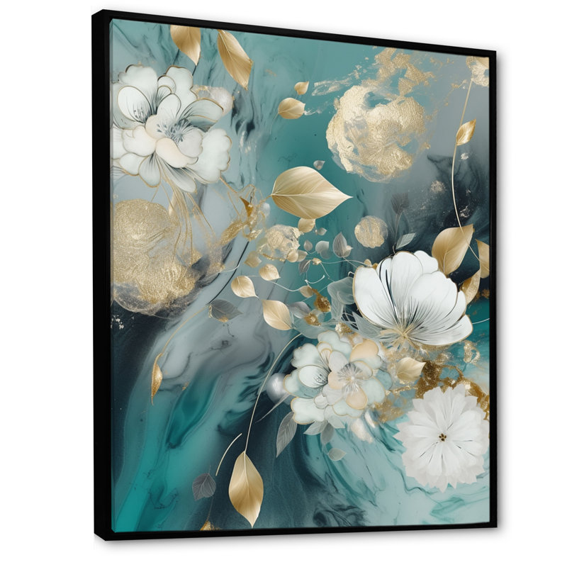 Fleurs de marbre bleu doré II - impressions sur toile florales, H 20 po x l 12 po, Cadre flottant noir