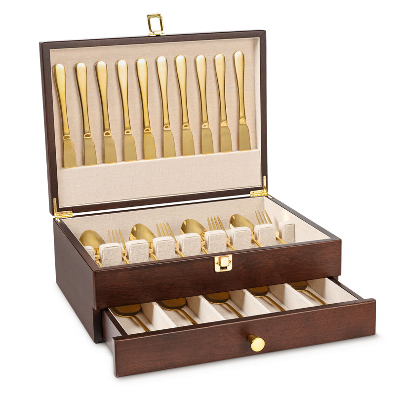 Fine Silverware Box , 2-layer Wooden Silverware Chest With Drawer, Beige