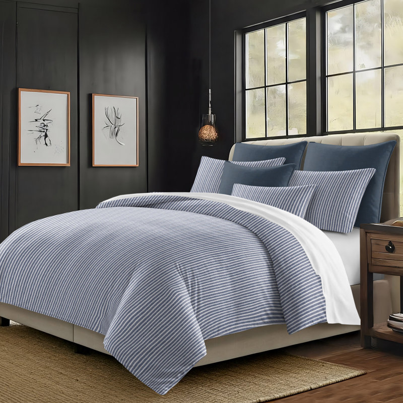 Walker Ticking Stripe Indigo/White Cotton Duvet Cover Set, King Duvet Cover + 2 King Shams