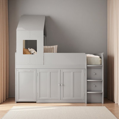 Twin Size Wooden Loft Bed With Desk, Drawers,Cabinets