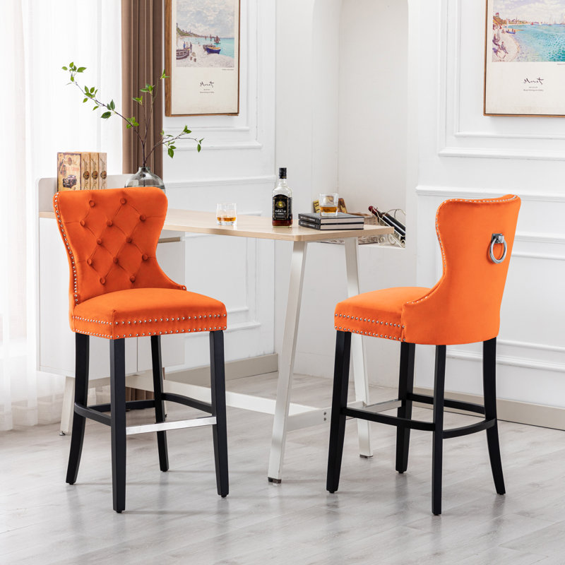 Kirsten Upholstered Counter Stool with Solid Wood Frame, Orange, Antique Gray, Counter Stool (24” Seat Height)