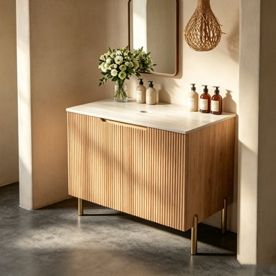 Meuble-lavabo moderne de 30 po, comptoir en pierre frittée avec armoire en contreplaqué brun, évier inclus