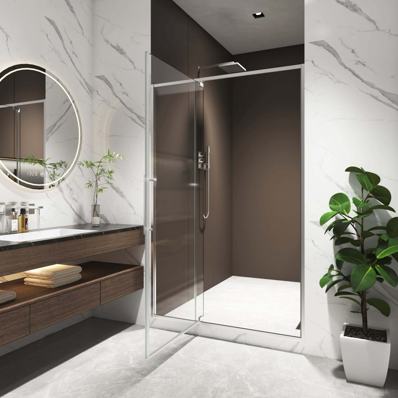 Porte de douche pivotante en nickel brossé, l 44-48 po x H 74 po, ouverture vers l'extérieur (s'arrête à 105 °), fabrication en verre trempé 5/16 po