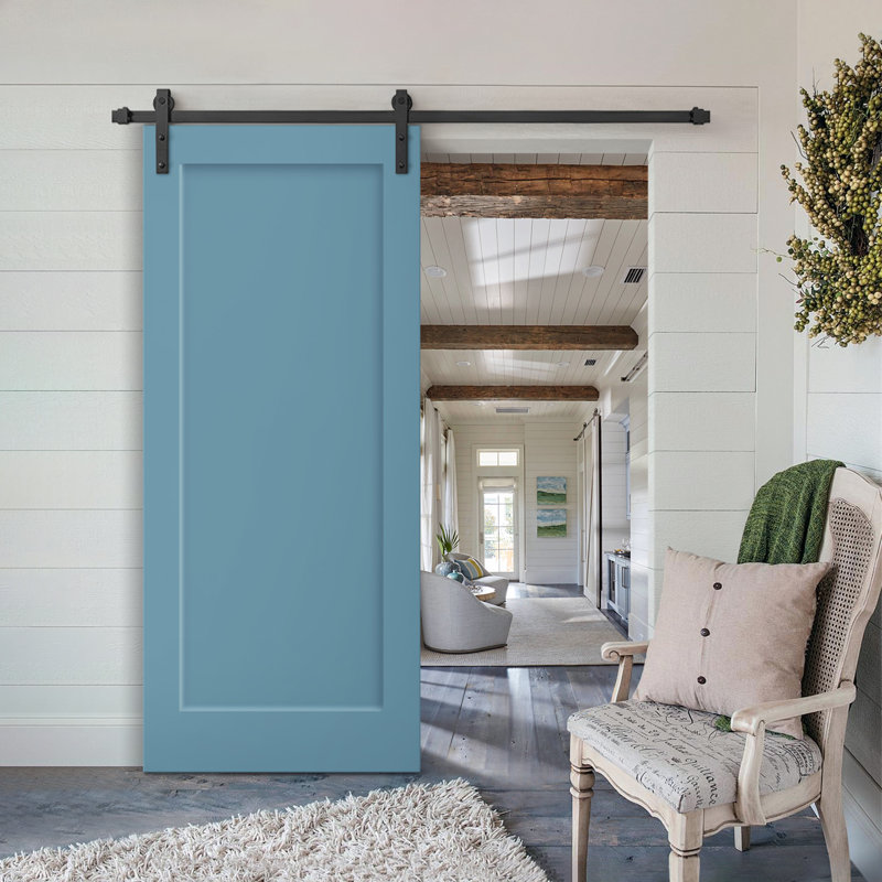 Porte de grange coulissante moderne en composite 1 panneau avec ensemble de quincaillerie, 36 po x 80 po, Bleu dignité