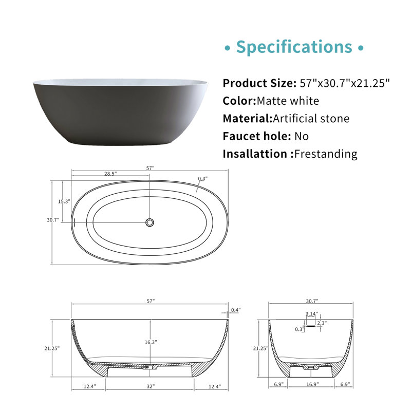 57″Solid Surface Matte Tub, Solid Surface Soaking Tub, Stone Resin Freestanding Bathtub, Thick Edge Stand Alone Tubs With Overflow, Pop-Up Drain, Matte White (Oval)