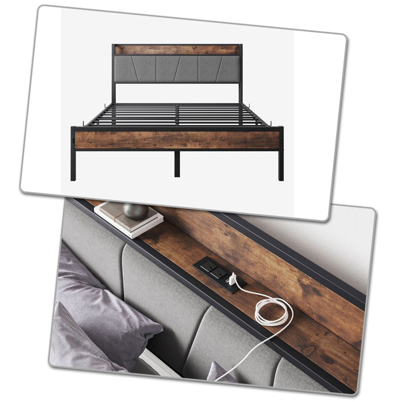 Base de lit plateforme moderne en bois avec tête de lit tapissier et station de charge intégrée, Grand