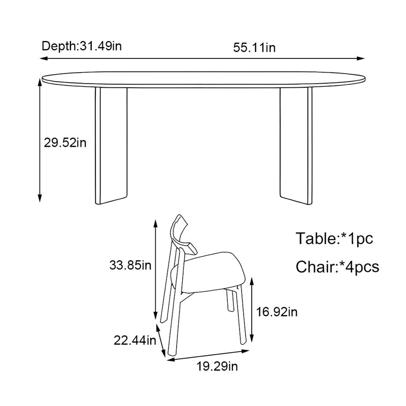 Ensemble de table de salle à manger ovale en bois de frêne, 29.52"H x 55.11"L x 31.49"W