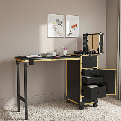 Table portable Nail Art avec miroir DEL, Bluetooth, tiroirs verrouillables, poteau télescopique - Station de manucure pliante pour salons