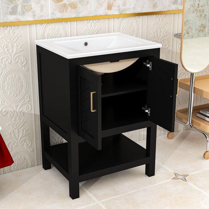 Meuble-lavabo autoportant moderne avec tablettes réglables, lavabo en céramique et charnières à fermeture en douceur, Black