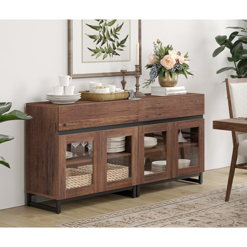 2 In 1 Multifunctional Sideboard Buffet Cabinets With 4 Glass Doors And 2 Drawers, Modern Sideboard Credenza With Metal Base, Coffee Bar Storage Cabinet For Living Room, Kitchen