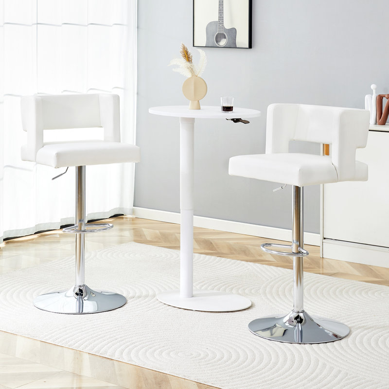 Bar Stool Adjustable Height Faux Leather Upholstered, White Seat/Sliver Frame