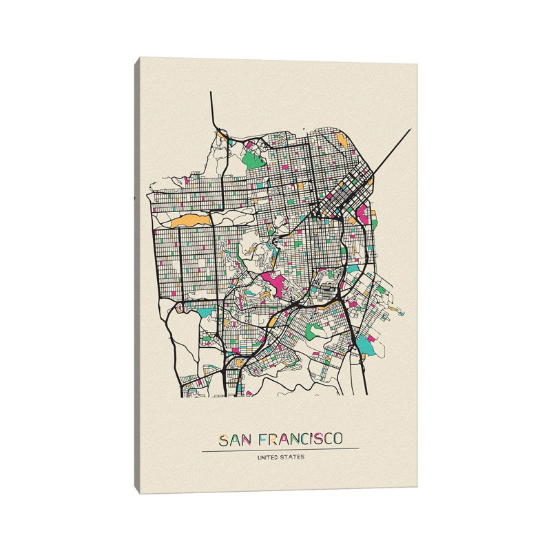 Carte de San Francisco, Californie par - Giclée sur toile tendue avec châssis, H 40 po x l 26 po x P 1,5 po