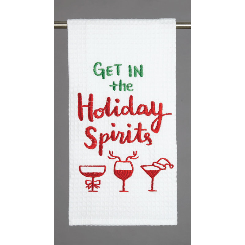 Get in the Holiday Spirits Waffle Weave Embroidered Cotton Tea Towel