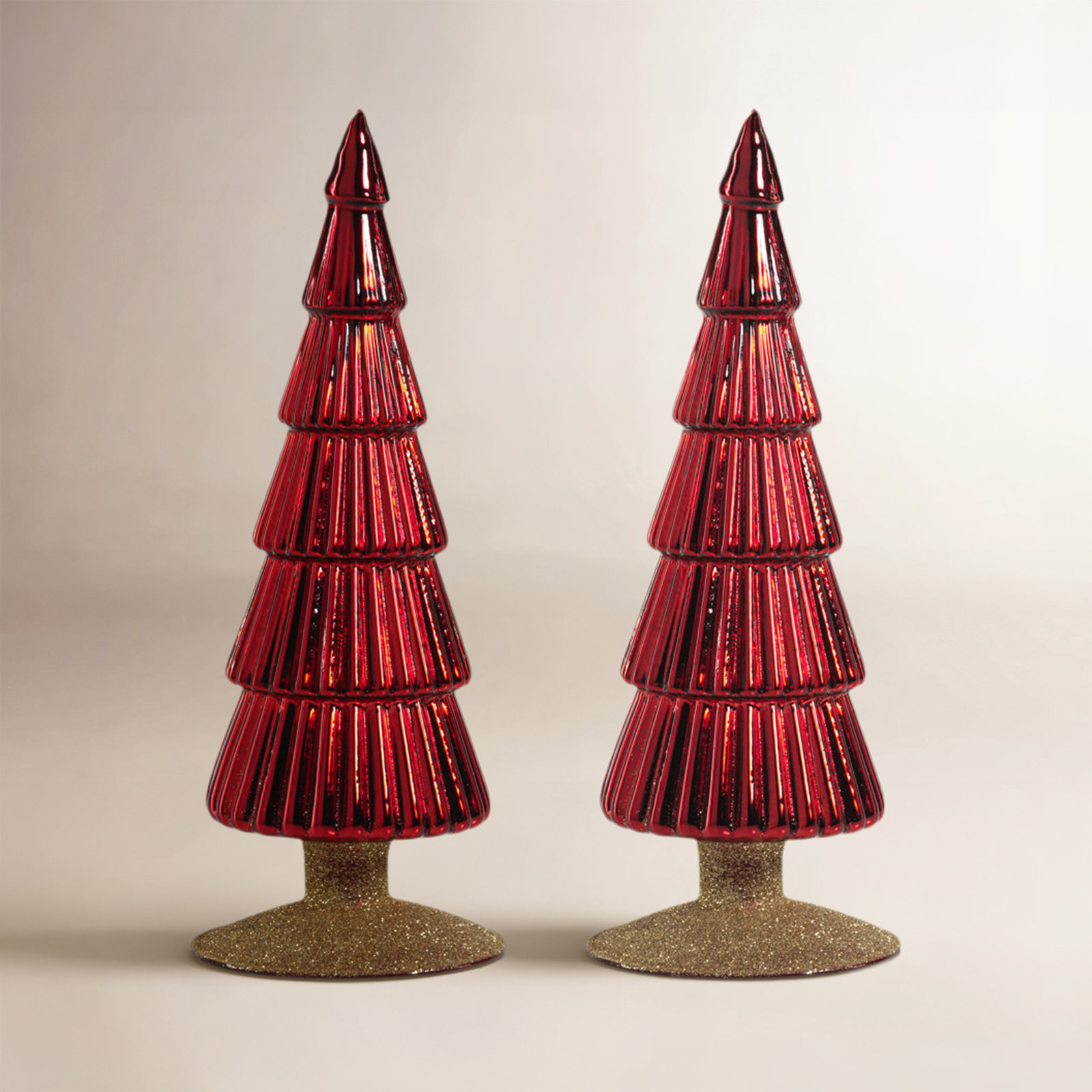 Dembe Classic Red Glass Tree on Gold Glitter Base, Set of 2, 9.5" H x 3.5" W x 3.5" D, Gold
