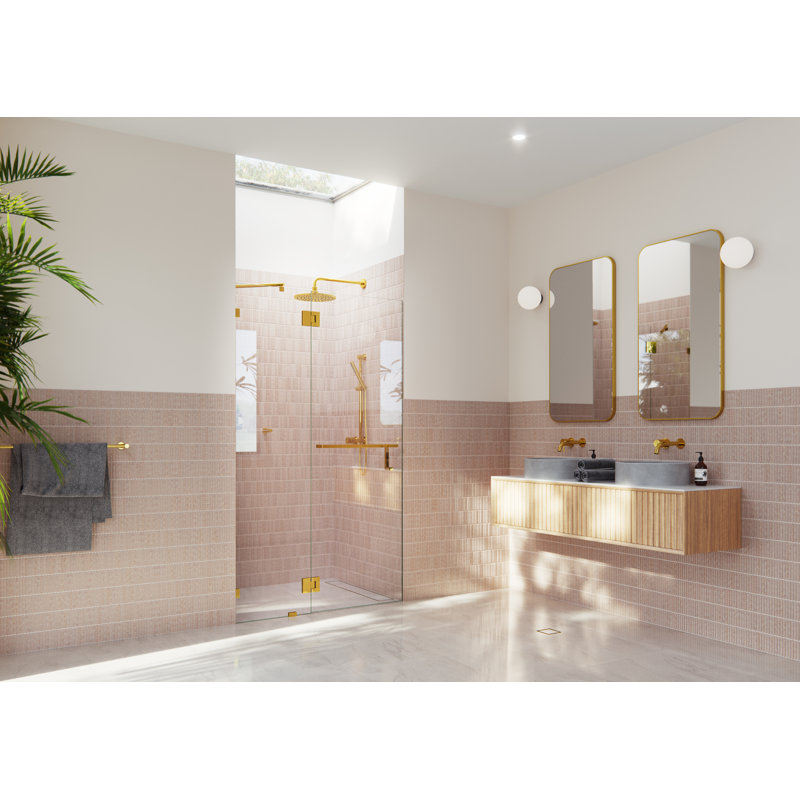 Mimas 45.75 in. x 78 in. Fully Frameless Glass Hinge Towel Bar Shower Door, Polished Brass