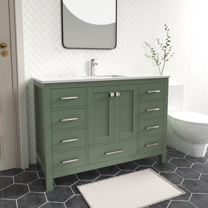 Ensemble de meuble-lavabo autoportant 48 po Anvay en vert forêt avec comptoir en quartz de Carrare, Quartz blanc, Vert forêt