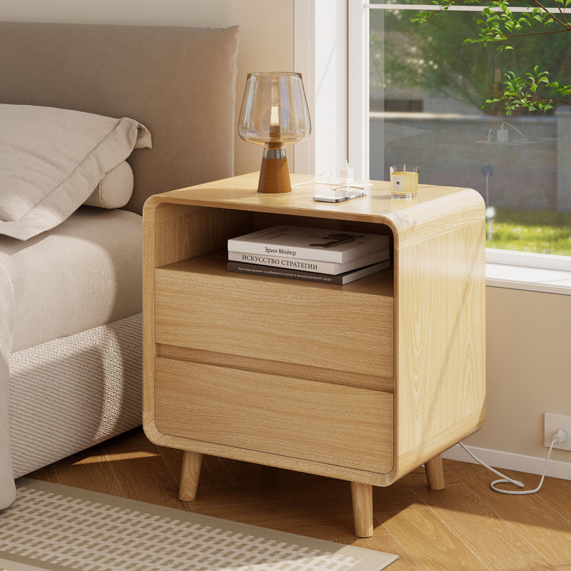 Angela Night Stand Set of 2 with Open Shelf & 2 Drawers, Bedside Table Set of 2 with Charging Station, 23.7"W x 15.8"D x 25"H