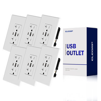 USB Wall Outlet With 30W 6.0 Amp 3-Port Dual Type C & A Ports,20 Amp Tamper Resistant Receptacle Plug UL Listed, W/Wall Plate, Matte White,6 Pack