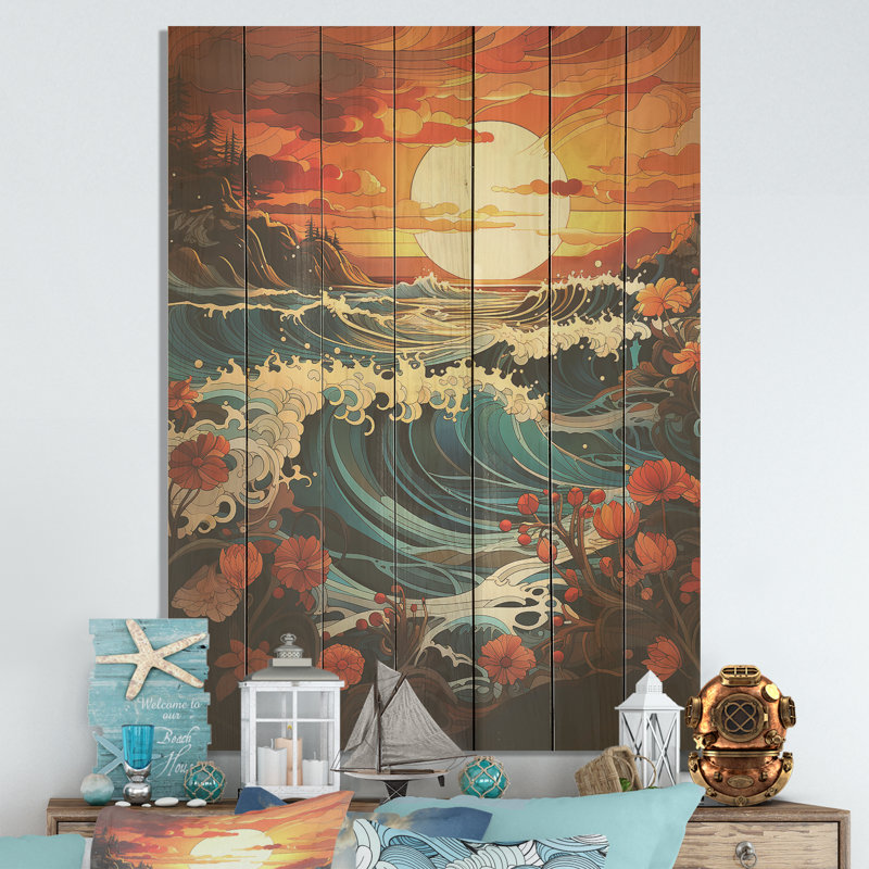 Vagues japonaises orange au coucher du soleil I - coucher de soleil côtier sur bois, H 20 po x l 10 po