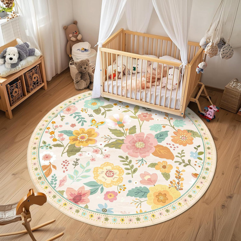 6Ft Beige/White/Orange Floral Boho Rug Machine Washable Non-Slip Low Pile Carpet For Nursery Kids Room, Round 6'