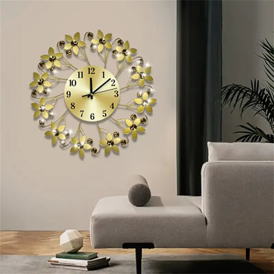 15 "crystal Wall Clock, Modern Wall Clock Living Room Decor Large Silent Wall Clock, Battery Powered Non-ticking Kitchen Bedroom Home Decor, Gold Metal Round Quartz Clock Wall Office Interior, Christmas, Halloween