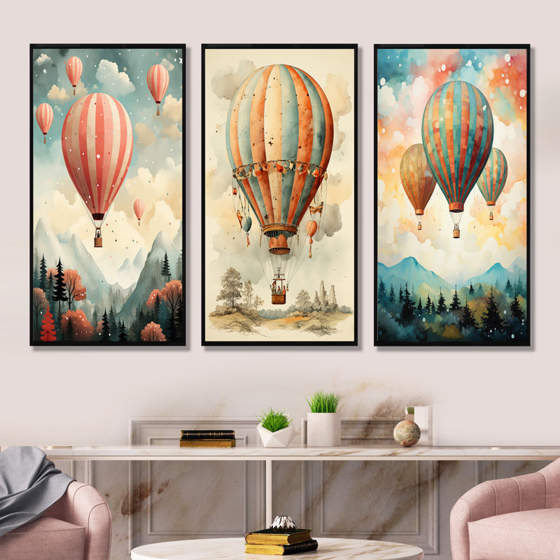 Classic Classic - Montgolfière - ensemble de 4 impressions sur toile, H 28 po x l 36 po, Cadre flottant noir