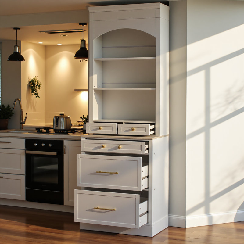 Garde-manger moderne de 83,7 pouces de hauteur, grande huche de cuisine autoportante avec plateau en faux marbre, armoire de présentation avec 5 tiroirs de rangement et tablette réglable, blanc
