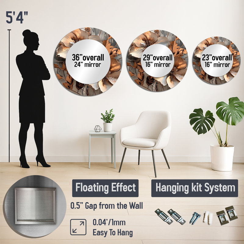 Cuivre métallique et fleurs abstraites chromées I - Miroir moderne pour décoration murale, 36 po x 36 po