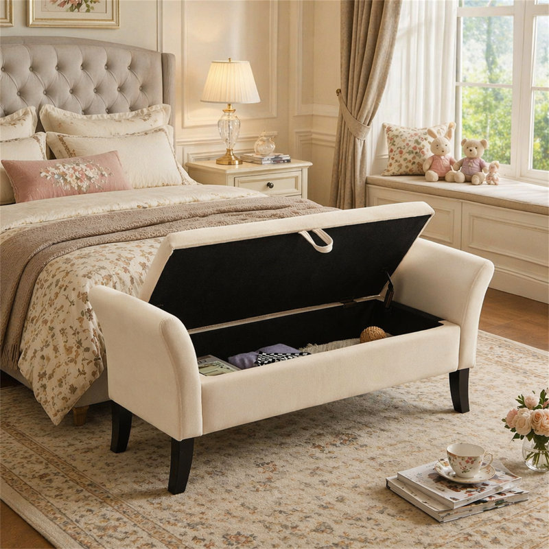 Banc de lit 51,5 po avec rangement en velours beige, Beige