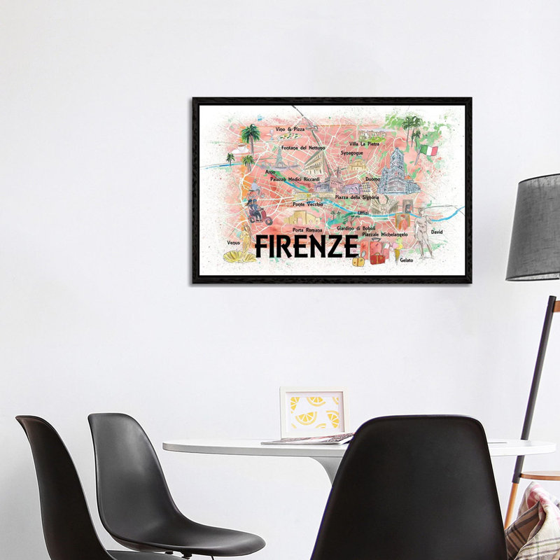 Florence Italy Illustrated Map With Roads Landmarks And Highlights by Markus & Martina Bleichner - Print on Canvas