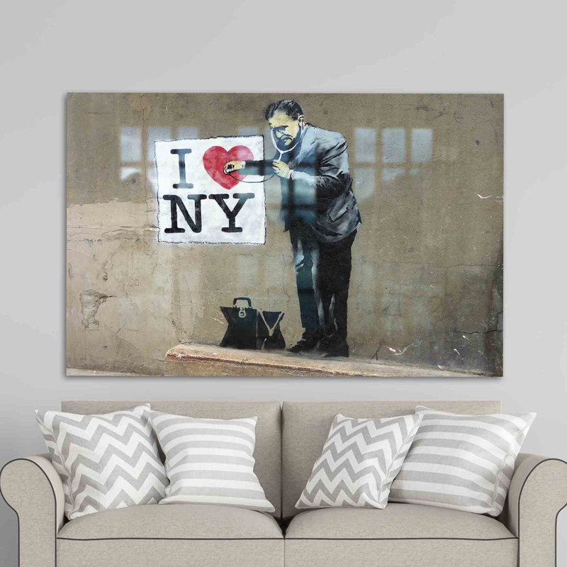 Art mural en verre trempé mettant en vedette Banksy I Love NY Graffiti Design, H 11,8 po x l 17,7 po