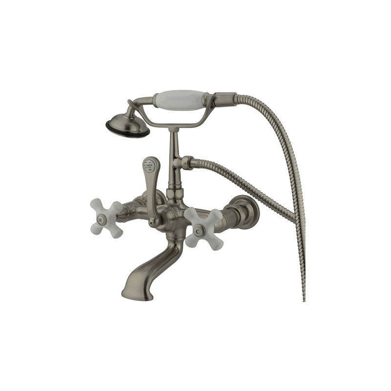 Hot Springs Triple Handle Wall Mounted Clawfoot Tub Faucet with Handshower, Brushed Nickel