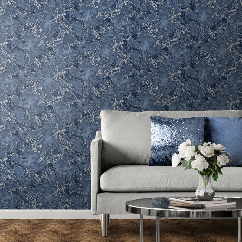 Grandeco Metallic Liquid Marble Wallpaper Textured Navy Blue Silver 166505