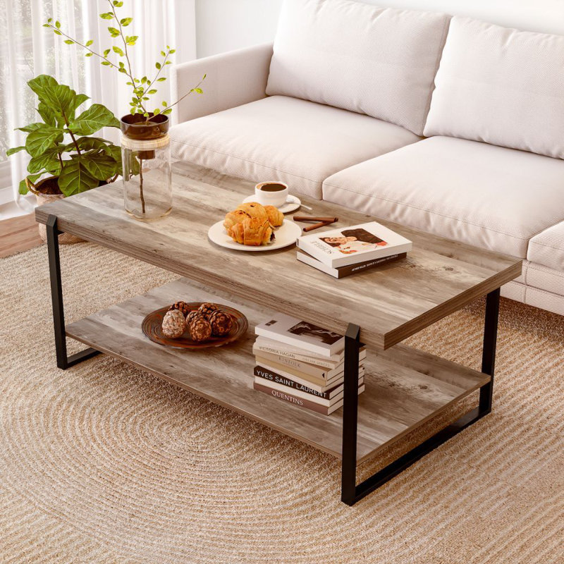 18" 2-Tier Coffee Table, Rectangular Rustic Wood Table with Storage Shelf for Living Room or Den